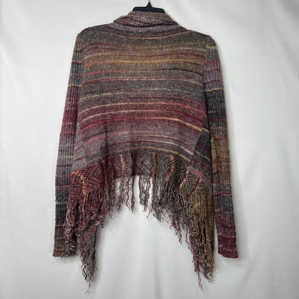 Cato Open Front Fringe Cardigan M Boho Striped Lightweight Knit Festival Earthy - Picture 6 of 12